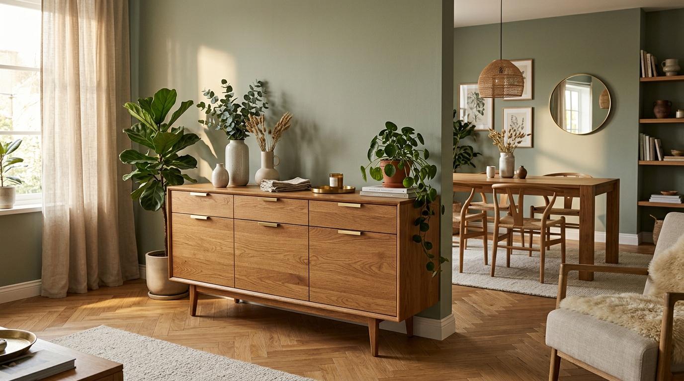 Salon avec mobilier bois, murs verts, plantes et décoration naturelle