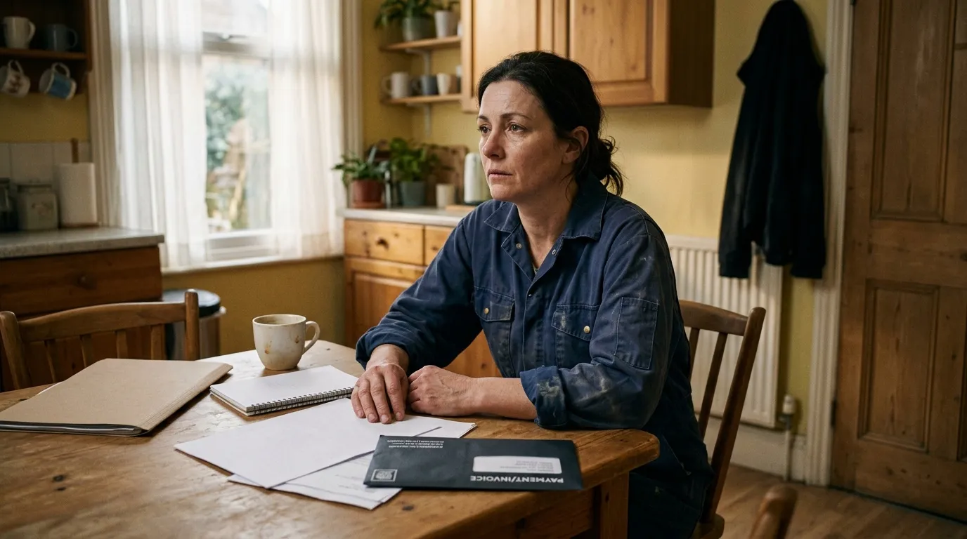 Femme réfléchie à son bureau Femme assise à table avec documents, regard pensif vers la fenêtre